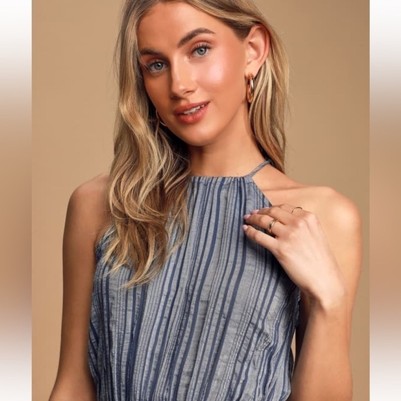 Lulu’s Destination Vacay Blue Striped Halter Wide-Leg Jumpsuit Size Medium - Picture 3 of 10